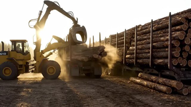 Truck and loader move log from pile to stack. Timber harvest operation on dirt lot. Machinery and sunlight stir dust and glare. Log transport and timber processing continue. Pile stacking near lot.