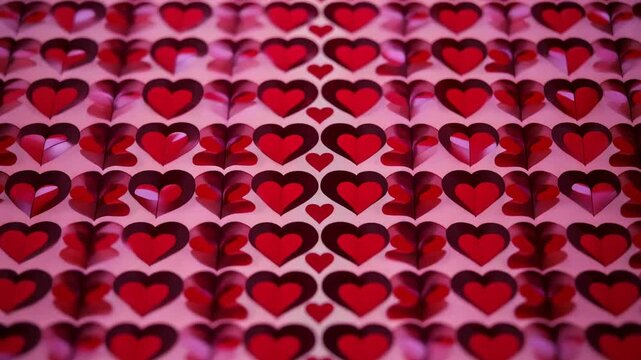 Moving studio lights casting shifting shadows and highlights across red-heart sheet with crease