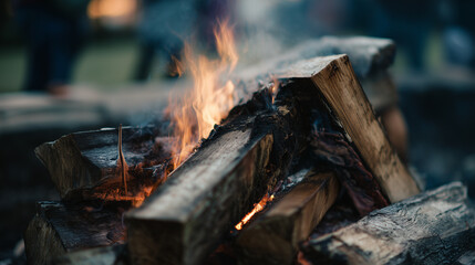 Hyperrealistic documentary-style stock photo of a real outdoor ceremonial fire with stacked wood burning, candid reportage look, natural imperfect lighting, softer contrast, visibl