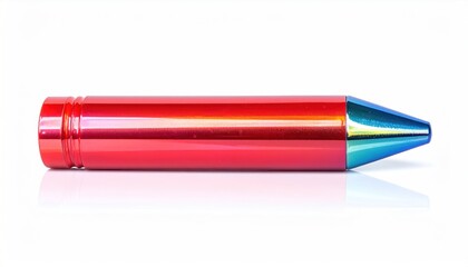 A metallic red tube with a tapered teal tip, reflecting light against white