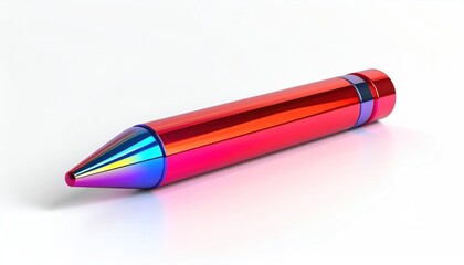 A shiny, metallic, red and blue colored writing instrument, against a white background