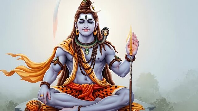 shiva deity meditating with trident blue god statue luminous aura