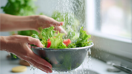 Hyperrealistic premium commercial stock photo of hands washing fresh salad greens in a metal colander under running water, close-up kitchen scene, bright green lettuce leaves with