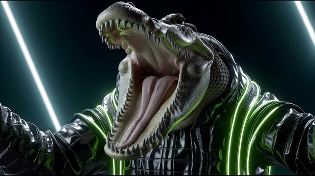 A crocodile wearing a neon jacket. The crocodile is sitting on a chair. The image is a creative and fun way to present a crocodile
