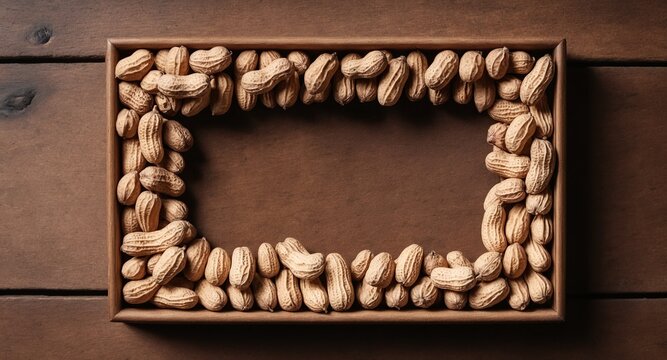 Peanuts on wooden table. Frame form copy space. Top view flat lay