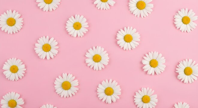 Daisy flower pattern on pink background, white chamomile blossoms with yellow centers, spring floral flat lay for feminine branding and gift wrap isolated on Transparent Background