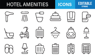 Fototapeta premium Hospitality amenities symbol pack with editable stroke icons