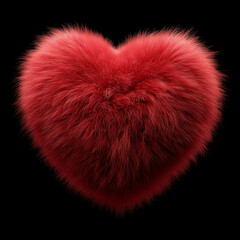 3d red heart made of fur, isolated on a solid black background