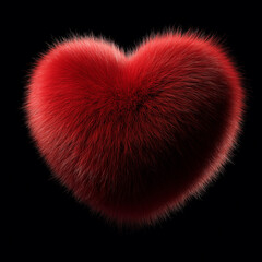 3d red heart made of fur, isolated on a solid black background