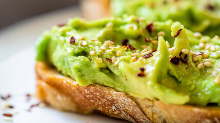 Hyperrealistic premium commercial stock photo macro close-up of mashed avocado texture on toast with seasoning (pepper, chili flakes, sesame seeds), vibrant green color, detailed b