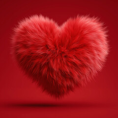 3d red heart made of fur, isolated on a solid red background