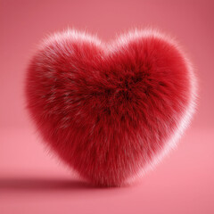 3d red heart made of fur, isolated on a solid red background