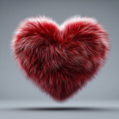 3d red heart made of fur, isolated on a solid red background