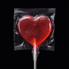 Red heart-shaped lollipop in plastic packaging against a black background
