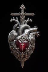 A crystal human heart made of chrome metal