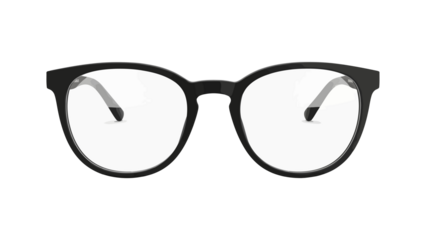 Modern black eyeglasses with clear lenses on a white background