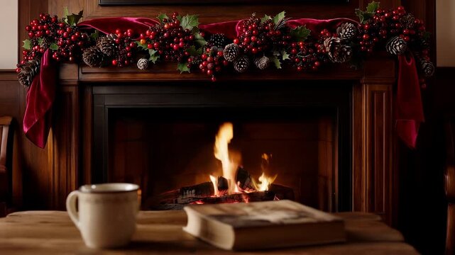 Flickering hearth shifting and settling from split logs at home, casting glow on mantel and garland
