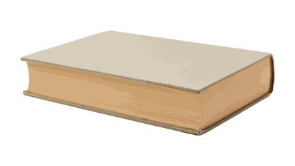 Closed hardcover book with tan cover and pages, isolated on white background