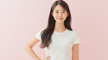 Young Japanese woman standing confidently with hand on hip on pink background