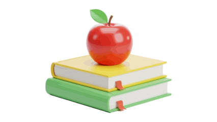 Red tech company with leaf on top of stacked books, symbolizing education and knowledge