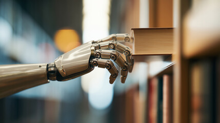 Hyperrealistic premium commercial stock photo close-up of a humanoid robot hand pulling a book from a library shelf, realistic robotic fingers and joints, detailed metal texture, b