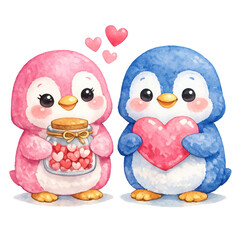 Obraz premium Cute watercolor penguins holding hearts and a jar of hearts, isolated on transparent background isolated on transparent background