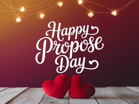 Happy propose day with two red hearts on wooden table and string lights on red background
