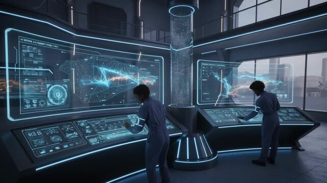 Medium shot of a futuristic control room with advanced metal ore tracking systems driven by artificial intelligence focusing on innovation and accuracy.