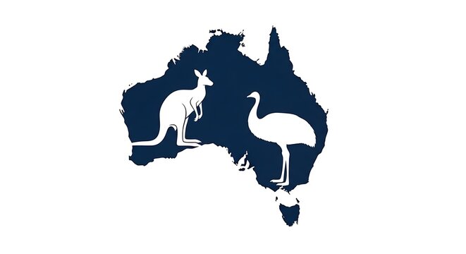 Stylized silhouette of iconic Australian native animals featuring a kangaroo and an emu superimposed upon a dark navy blue map outline of the continent.