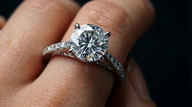 A sparkling solitaire diamond engagement ring on a finger. 