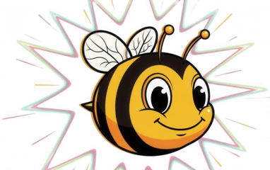 Valentine Cute cartoon smiling bumble bee mascot with white wings isolated on transparent background surrounded by starburst