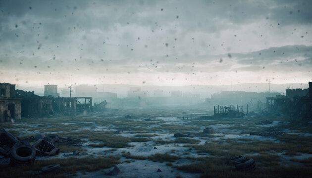 Dark gloomy abandoned city ruins with falling ash and grey sky creating desolate and hopeless atmosphere of post apocalyptic world destruction aftermath landscape