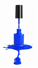 Vibrant blue nail polish bottle featuring dripping liquid splash effect with glossy texture on isolated white background showing creative artistic colorful beauty cosmetics style