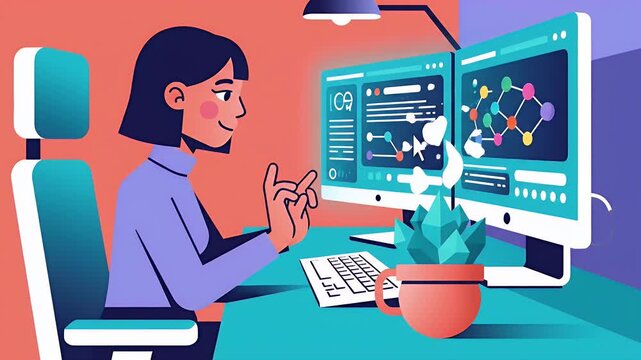 Young woman focused on dual computer monitors working in modern office workspace