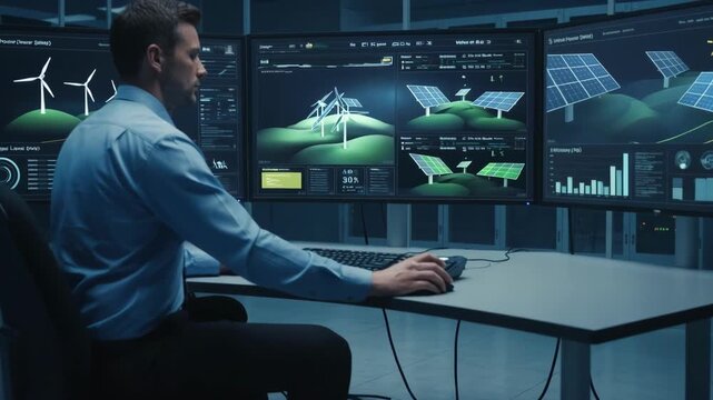 Medium shot of an operator monitoring hybrid renewable energy systems indoors illustrating efficient management of combined wind and solar power in facilities.