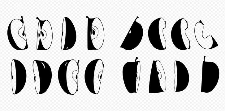 Set of black and white apple slices and halves, fruit silhouettes, healthy food vector illustration.