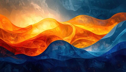 Abstract blend of vibrant orange waves meeting cool blue currents
