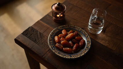 Traditional Islamic iftar meal setting with dates water and a lantern on a wooden table