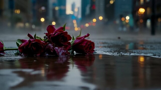 Showing small bouquet of red roses lying on wet city street, residual rain runoff starting ripples