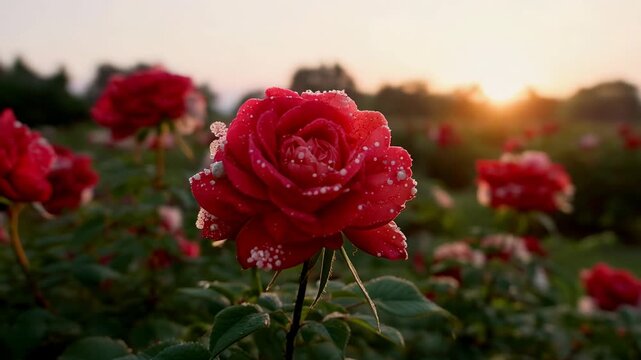 Moving camera closing on red rose in rose garden as sun rises, capturing dew drops sparkling