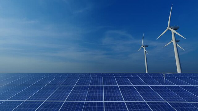 Sustainable energy farm. Solar photovoltaics and wind power. Alternative energy, ecology concept