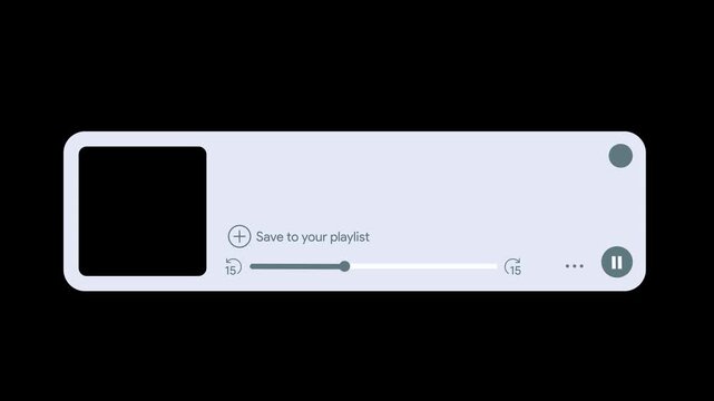 Horizontal audio player interface overlay with waveform visualization. Music playback UI with progress bar and black album art placeholder. Streaming service template. 60 fps MOV with Transparent Back