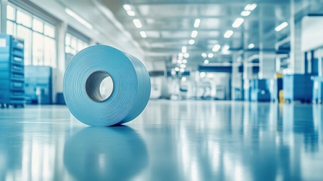 A large industrial sized roll of blue absorbent material rests on a shiny floor within a brightly lit manufacturing facility