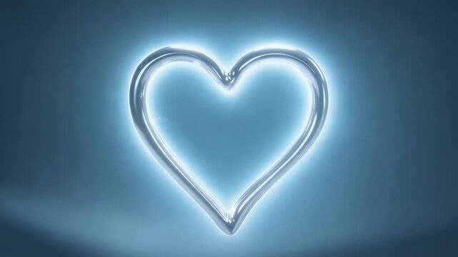 Pulsing single hovering glassy heart brightening after pulse in studio, shiny floor filling frame