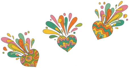 Valentine Psychedelic hearts exploding with colorful wavy streams and paint splashes