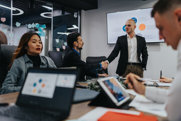 Two professionals shake hands in a modern conference room during a business meeting. A presenter stands near a screen showing a chart while colleagues work on laptops and tablets.