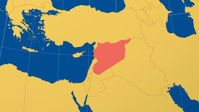 Syria on Globe. Animated zoom into the country in Ocean Blue Golden Yellow color palette. Syria logo animation. Map with meridians, parallels. Neat video.