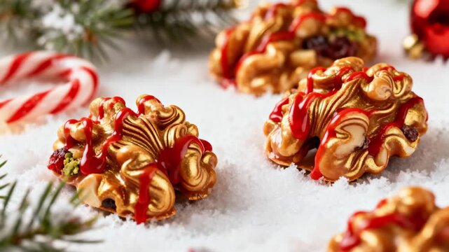 Medium shot focused on adding dynamic textured swirls and festive red drizzles over pralines embodying a winter holiday theme with intricate detailing and seasonal candy