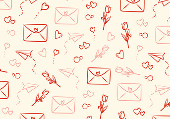 A cute and romantic seamless pattern featuring handdrawn envelopes with hearts, tulips, hearts, and paper airplanes on a soft beige background. Perfect for backgrounds, textile or romantic themes