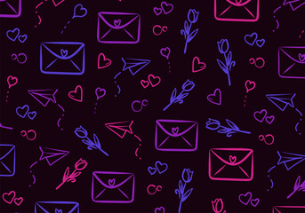 A seamless vector pattern with doodle style love letters, tulip flowers, hearts, and paper airplanes in dominant pink and purple sketch lines on a black background for romantic and valentine designs